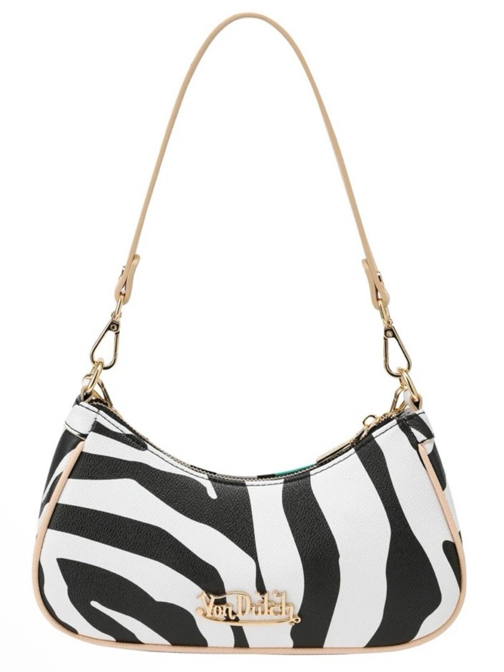 Von Dutch Black & White Zebra-Print Shoulder Bag with Tan Trim